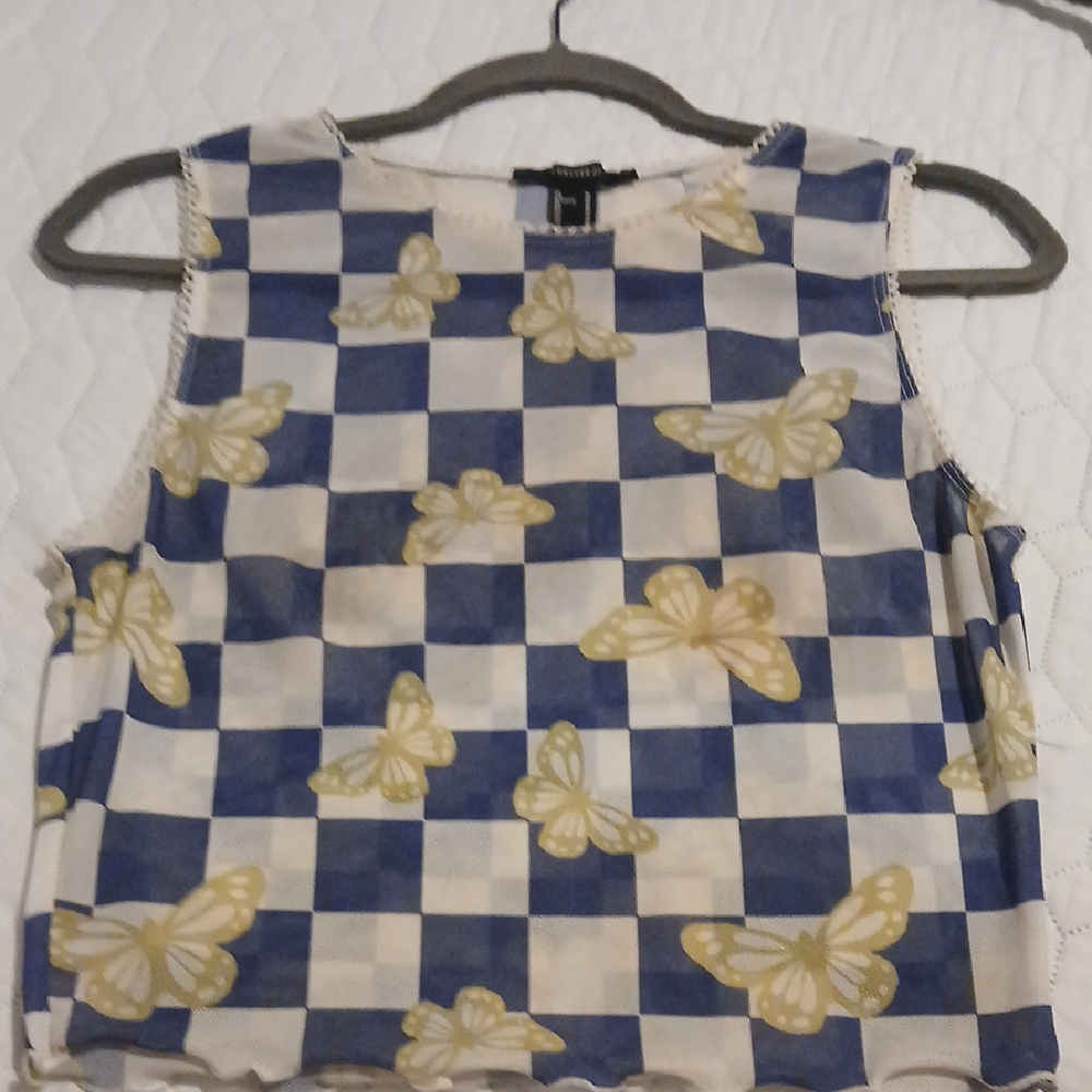 Forever 21 Blue and Cream Checkered Crop Top